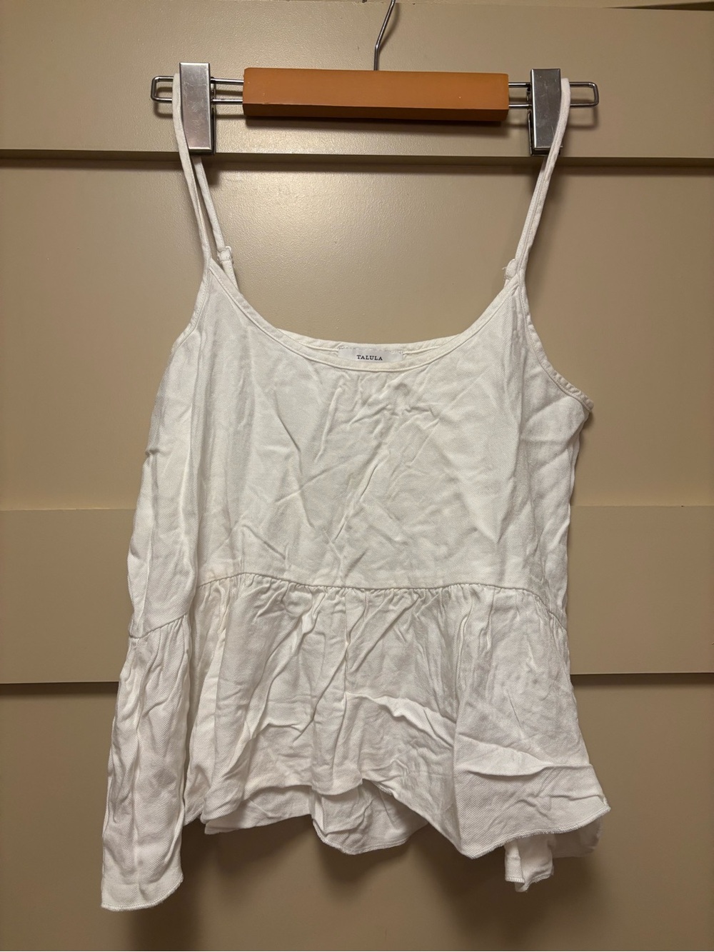 TALULA White Rayon Tank Cami Spaghetti Strap Sleeveless Ruffle Tier Peplum Crop